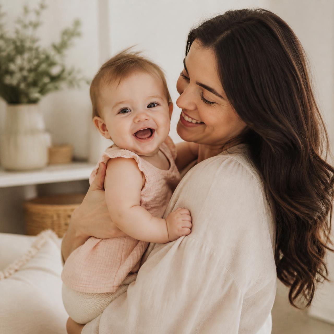 Madre sonriendo mientras sostiene a su bebé